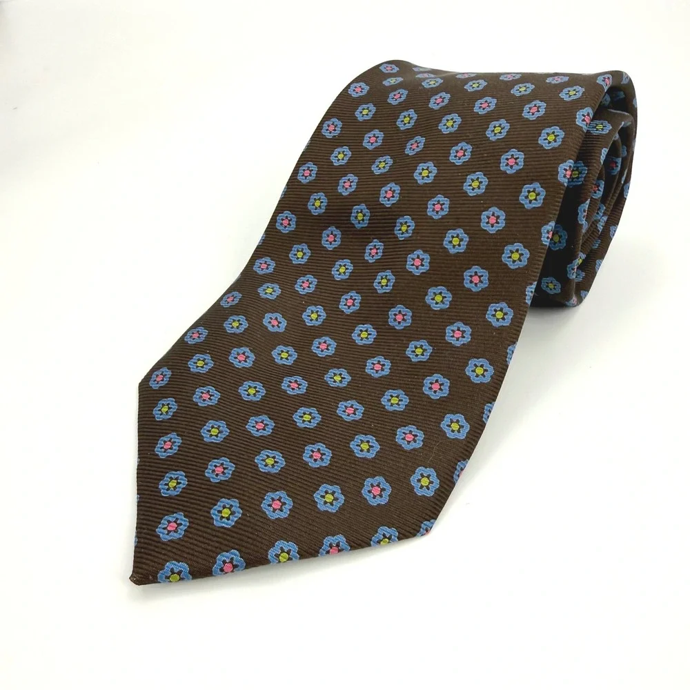 Drake's London Brown Mini Floral Print 100% Silk Tie Handmade in England